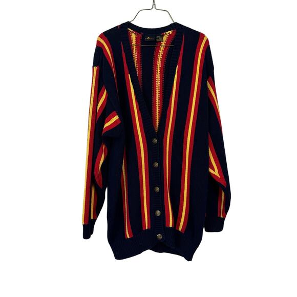 Liz Claiborne VINTAGE Bold Yellow Red Navy Blue Stripe Oversized Chunky cardigan - Picture 1 of 6